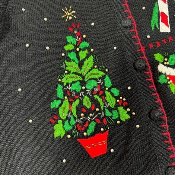 Vintage Ship N Shore Sport Christmas Cardigan Embellished Ugly Sweater Black - Picture 7 of 10